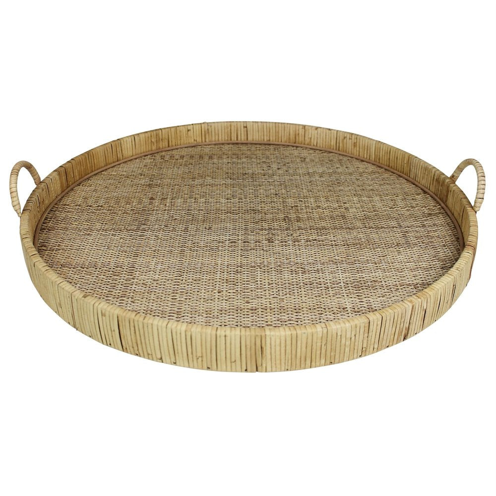 Bandeja para servir redonda de bambú natural de 24" hecha a mano con asas