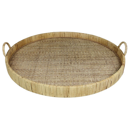 Bandeja para servir redonda de bambú natural de 24" hecha a mano con asas