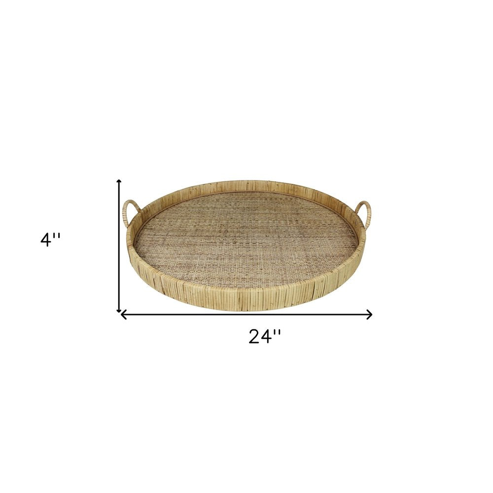 Bandeja para servir redonda de bambú natural de 24" hecha a mano con asas