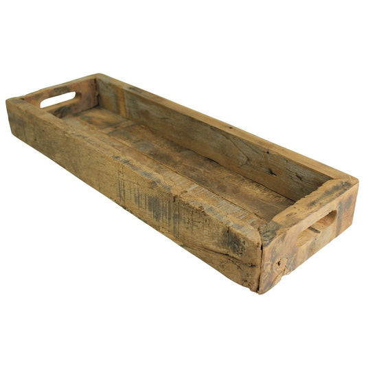 Bandeja estrecha rústica de madera recuperada natural de 24" con asas