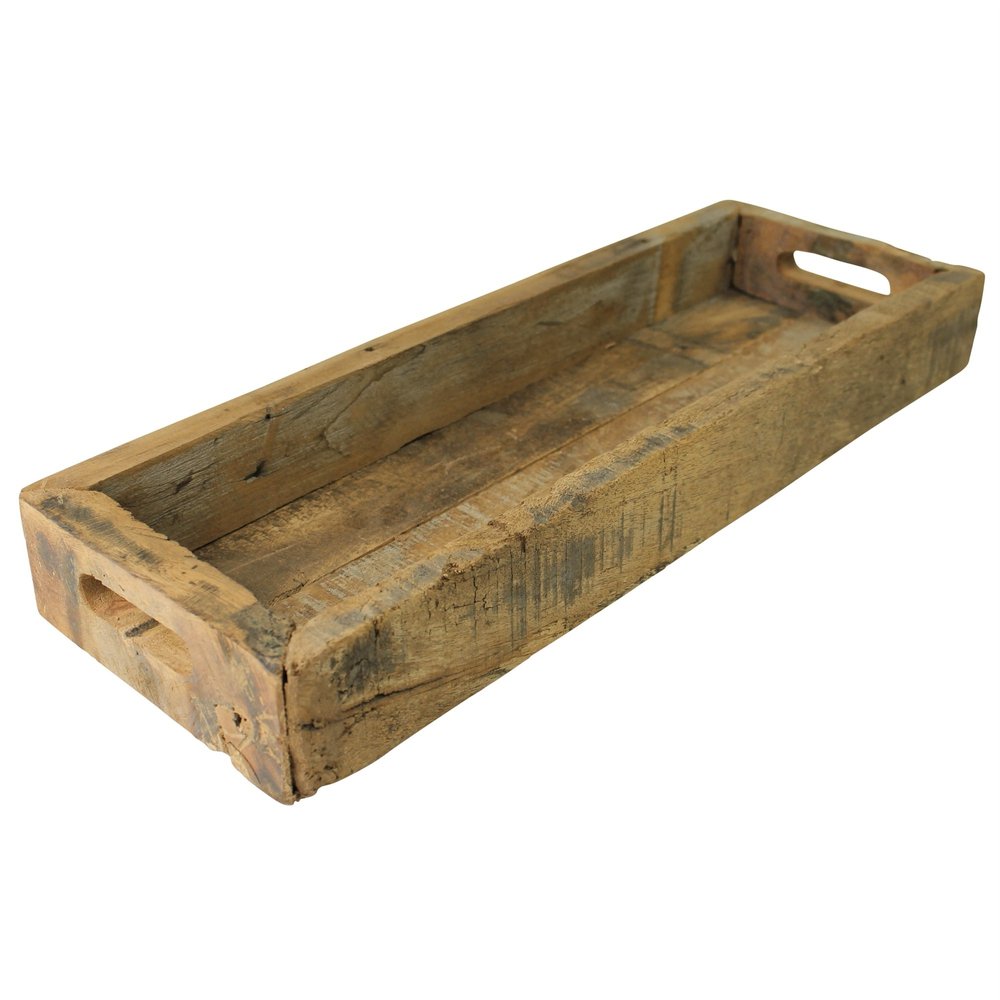 Bandeja estrecha rústica de madera recuperada natural de 24" con asas
