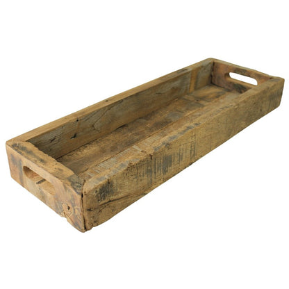 Bandeja estrecha rústica de madera recuperada natural de 24" con asas