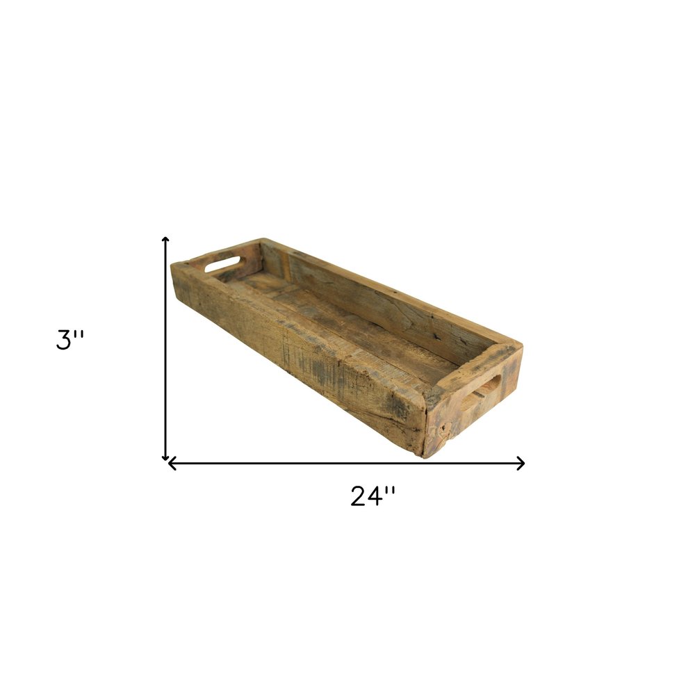 Bandeja estrecha rústica de madera recuperada natural de 24" con asas