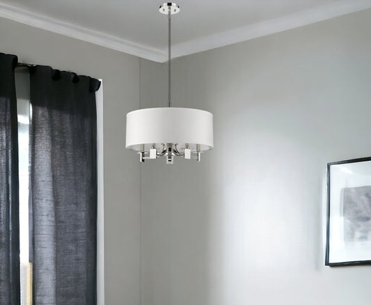 Lámpara colgante Andrea de 5 luces en níquel pulido con pantalla de tapa dura color marfil