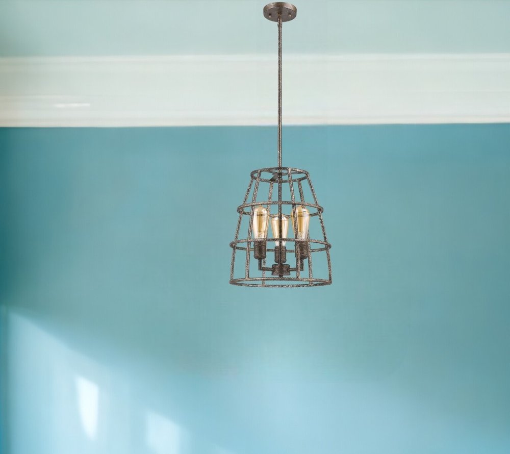 Lámpara colgante de tambor Rebarre de 3 luces en plata antigua con pantalla de jaula abierta