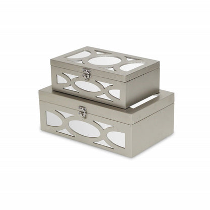 Juego de dos cajas de almacenamiento de joyas con espejo ovalado color canela