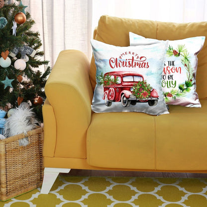Set of Two Red White and Blue Merry Christmas Christmas Christmas Wreath Throw Pillow Cover