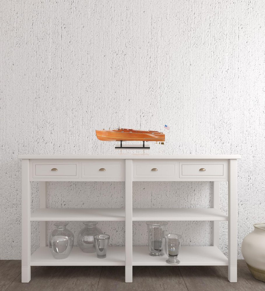 Barco decorativo de madera manufacturada marrón de 8" pintado a mano