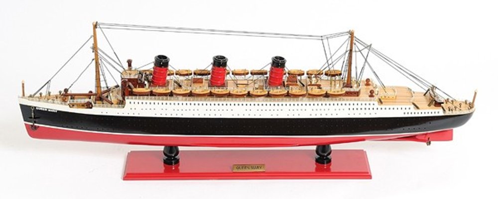 Barco modelo RMS Queen Mary de 5" de madera maciza pintada a mano en negro y rojo