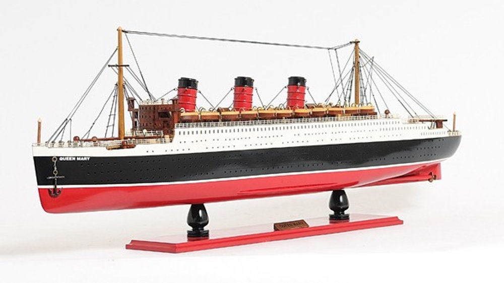 Barco modelo RMS Queen Mary de 5" de madera maciza pintada a mano en negro y rojo