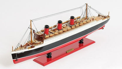 Barco modelo RMS Queen Mary de 5" de madera maciza pintada a mano en negro y rojo
