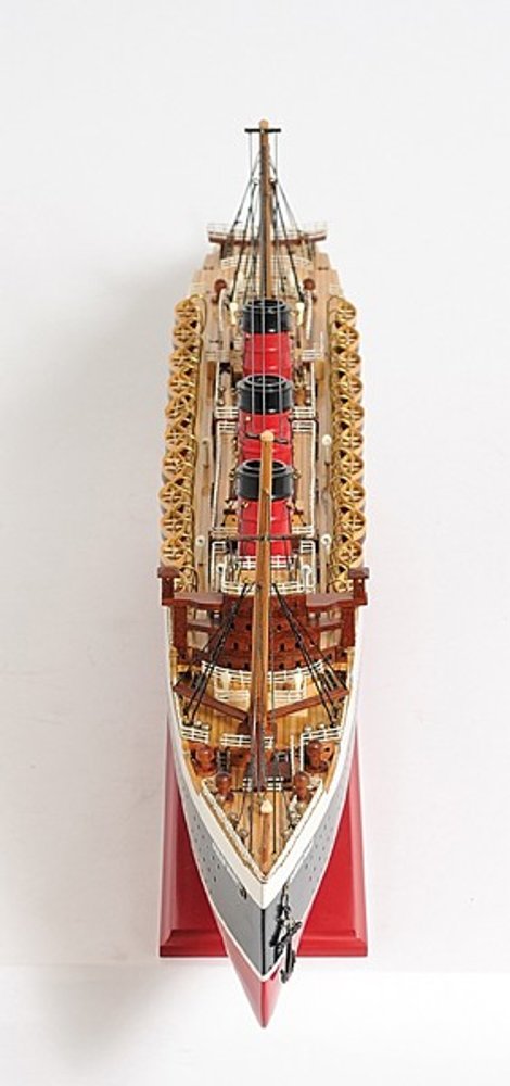 Barco modelo RMS Queen Mary de 5" de madera maciza pintada a mano en negro y rojo