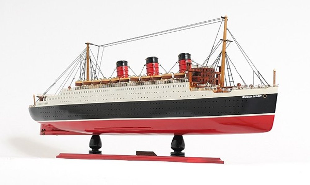 Barco modelo RMS Queen Mary de 5" de madera maciza pintada a mano en negro y rojo