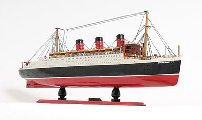 Barco modelo RMS Queen Mary de 5" de madera maciza pintada a mano en negro y rojo