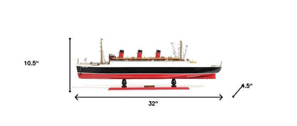 Barco modelo RMS Queen Mary de 5" de madera maciza pintada a mano en negro y rojo