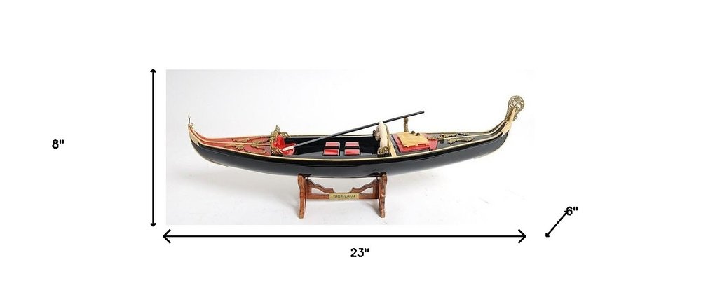 Góndola veneciana negra y roja de 8" pintada a mano, decorativa.
