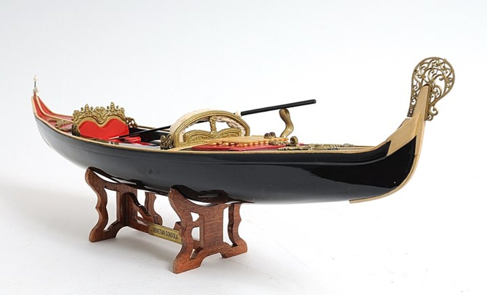 Góndola veneciana negra y roja de 8" pintada a mano, decorativa.