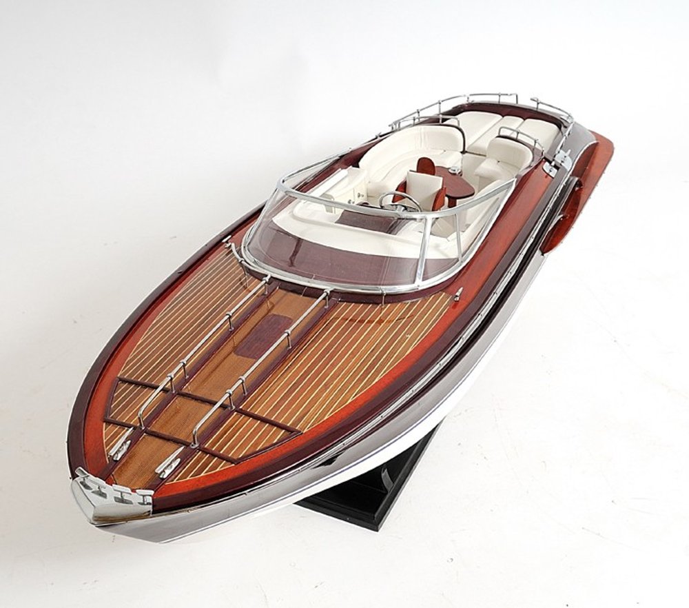 Yate de lujo Riva Rivarama de 11" de madera maciza pintada a mano en blanco y negro, edición exclusiva.