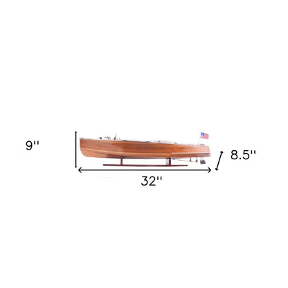 9" Wood Brown Solid Wood Hand Painted c1928 Chris Craft Triple Cockpit Large Model Boat