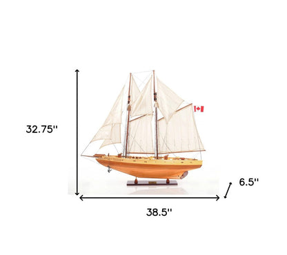 Barco modelo Bluenose II de 33" de madera maciza marrón pintado a mano