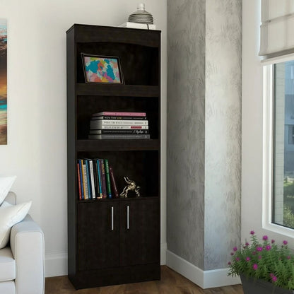 Librería de tres niveles de madera gris claro de 71" con dos puertas
