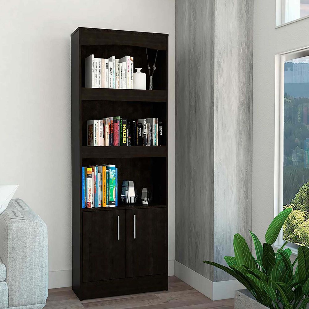 Librería de tres niveles de madera gris claro de 71" con dos puertas