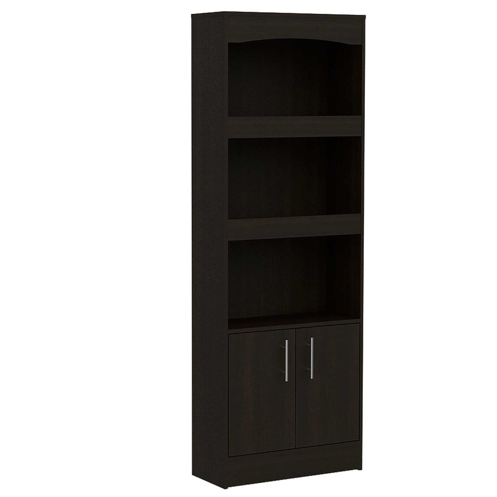 Librería de tres niveles de madera gris claro de 71" con dos puertas