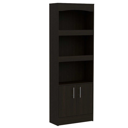 Librería de tres niveles de madera gris claro de 71" con dos puertas