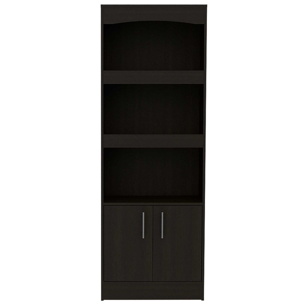 Librería de tres niveles de madera gris claro de 71" con dos puertas