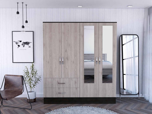 Armario ropero de cuatro puertas de 71" en roble claro y negro con espejos