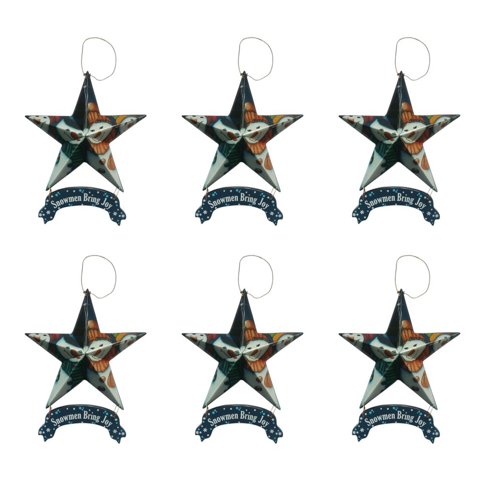 Set of Six Star Shaped Snowmen Joy Christmas Ornaments