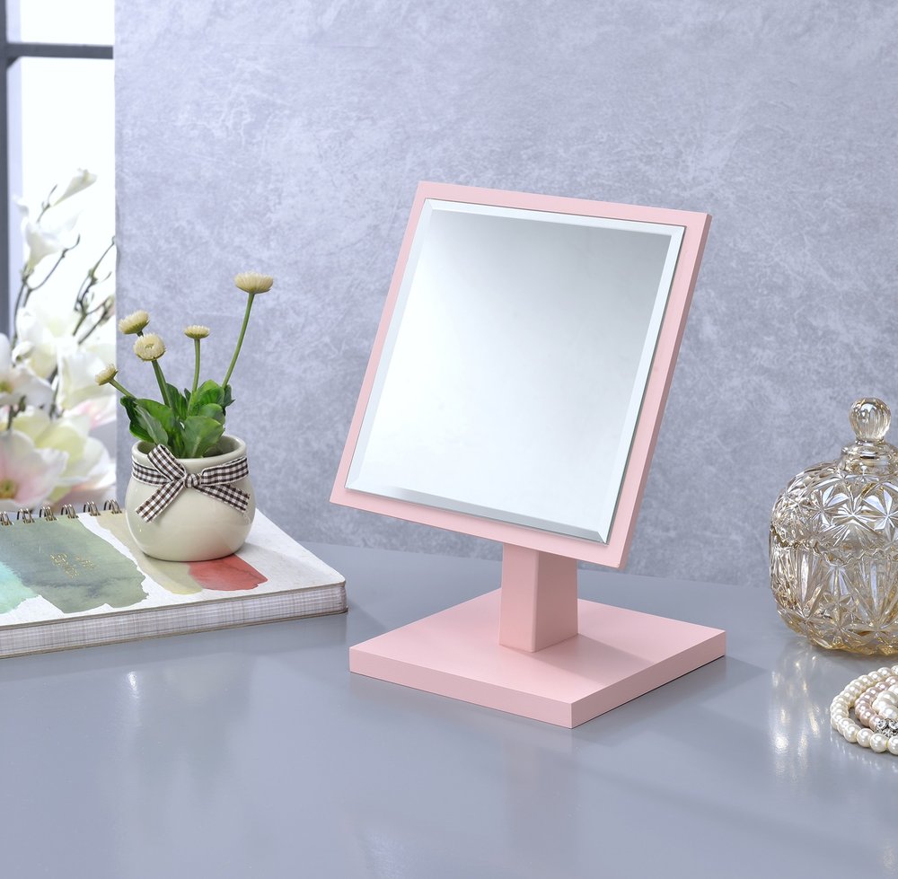 Espejo de sobremesa rectangular rosa para maquillaje y afeitado