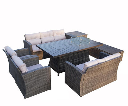 Seven Piece Gray Wicker Upholstered Cushions Sectional Seating Group With Fire Pit And Table