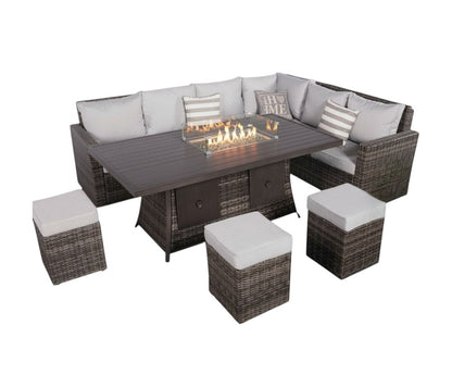 Eight Piece Gray Wicker Upholstered Cushions Sectional Seating Group With Fire Pit And Table
