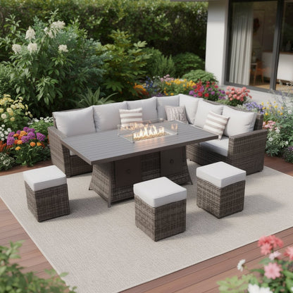 Eight Piece Gray Wicker Upholstered Cushions Sectional Seating Group With Fire Pit And Table