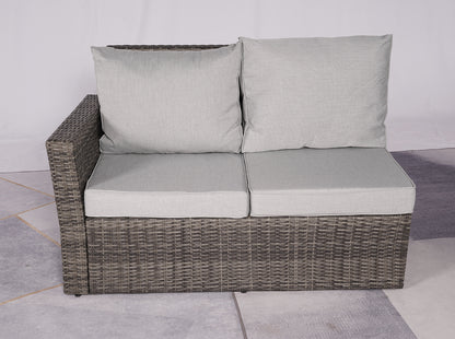Seven Piece Gray Wicker Upholstered Cushions Sectional Seating Group With Fire Pit And Table