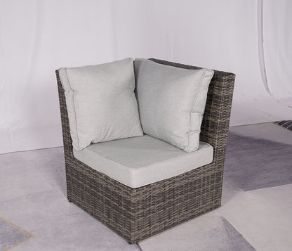 Seven Piece Gray Wicker Upholstered Cushions Sectional Seating Group With Fire Pit And Table
