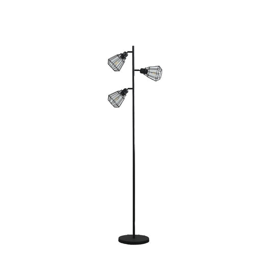 66" Black Metal Three Light Tree Floor Lamp With Black Metal Cage Shade
