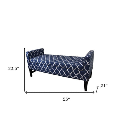 Blue and White Quatrefoil Dark Wood Storage Bench