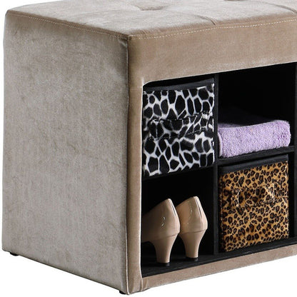 16" Black And Beige Upholstered 100% Polyester Entryway Bench With Shelves