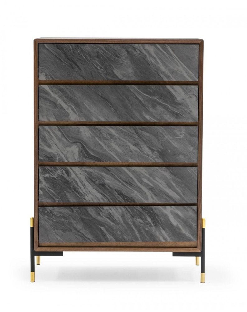 Cómoda de cinco cajones de madera manufacturada de 30" en nogal y gris