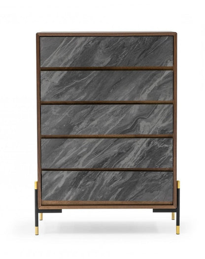 Cómoda de cinco cajones de madera manufacturada de 30" en nogal y gris