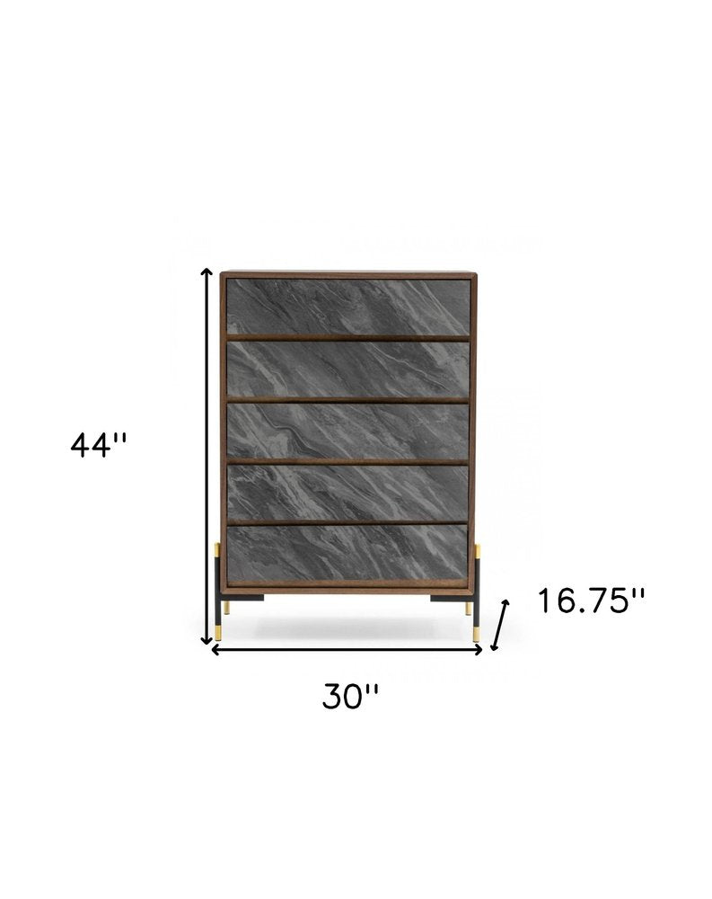 Cómoda de cinco cajones de madera manufacturada de 30" en nogal y gris