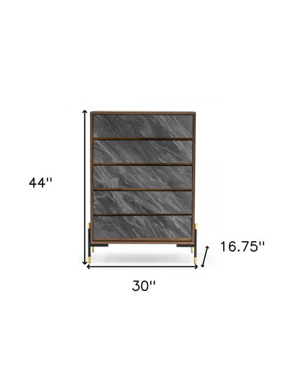 Cómoda de cinco cajones de madera manufacturada de 30" en nogal y gris