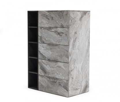 63" Grey Faux Marble and Black Wood Six Drawer Double Dresser