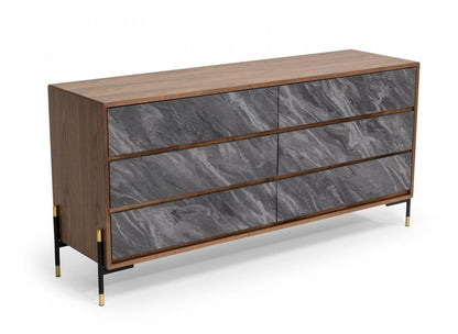 Cómoda de cinco cajones de madera manufacturada de 30" en nogal y gris