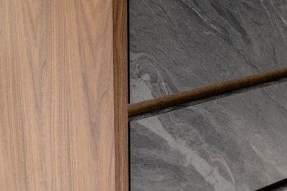 Cómoda de cinco cajones de madera manufacturada de 30" en nogal y gris