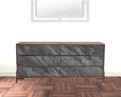 Cómoda de cinco cajones de madera manufacturada de 30" en nogal y gris