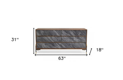 Cómoda de cinco cajones de madera manufacturada de 30" en nogal y gris