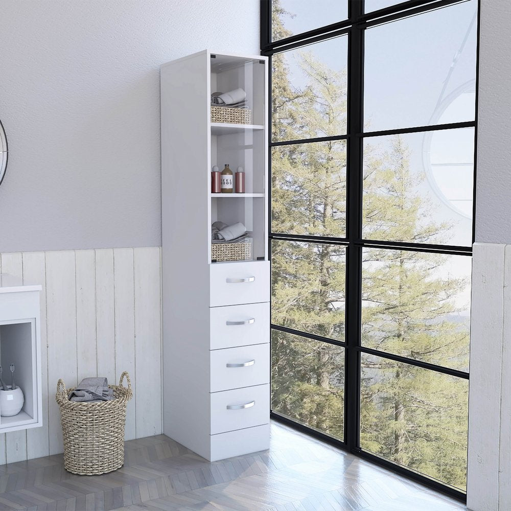 Mueble de baño blanco con puerta de cristal y cajones deslizantes